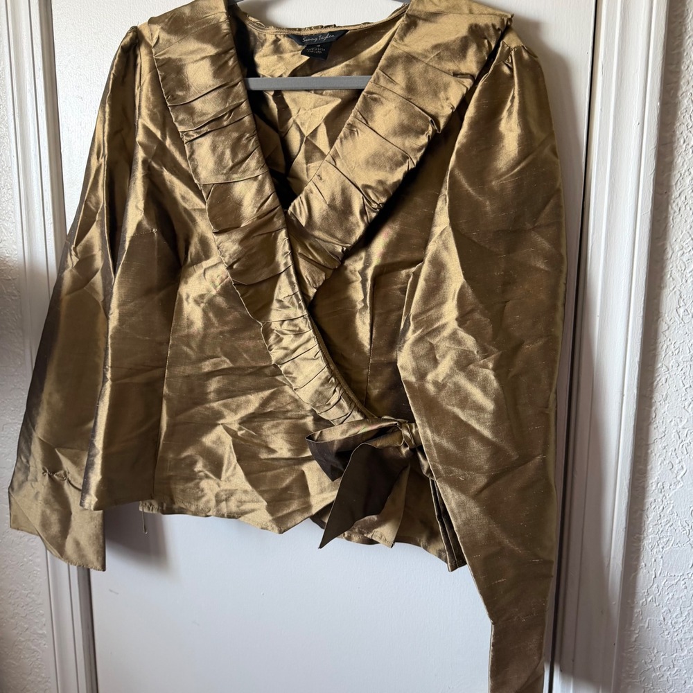 Sunny Taylor 100% Silk Bronze Ruffle Wrap Blouse Metallic Gold Brown Size 16 - Picture 2 of 5